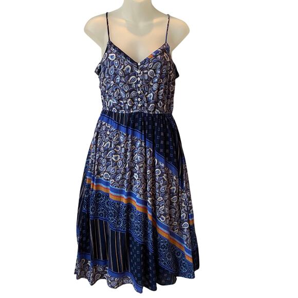 Aerie Boho Patchwork Midi Dress Women M Blue‎ Paisley Spaghetti Strap Sleeveless - Picture 1 of 9